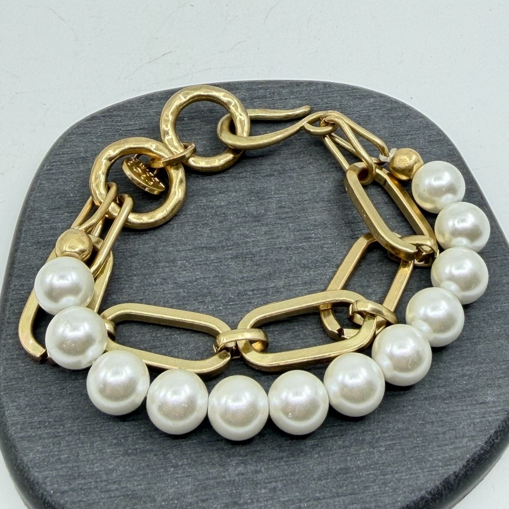 Sweet Lola Gold Tone Paperclip Link Bracelet Faux Pearl Double Strand Statement